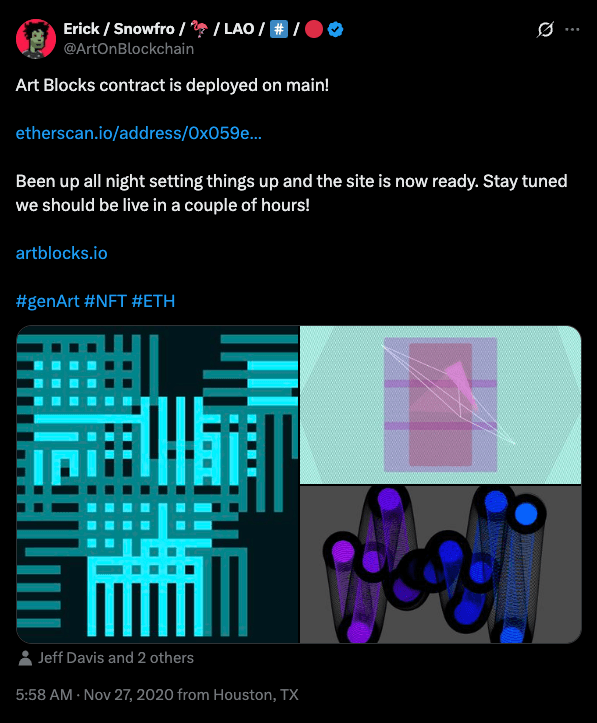 Launch day: Erick announces Art Blocks is ready to go live